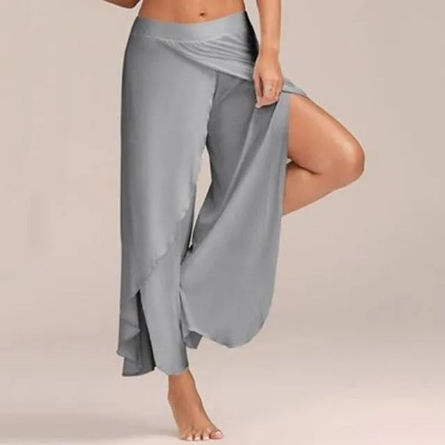 Puimentiua Women Summer Chiffon Irregular Side Pants Women Causal Wide Leg Split Trousers Female Solid Elastic Wasit Loose Pants