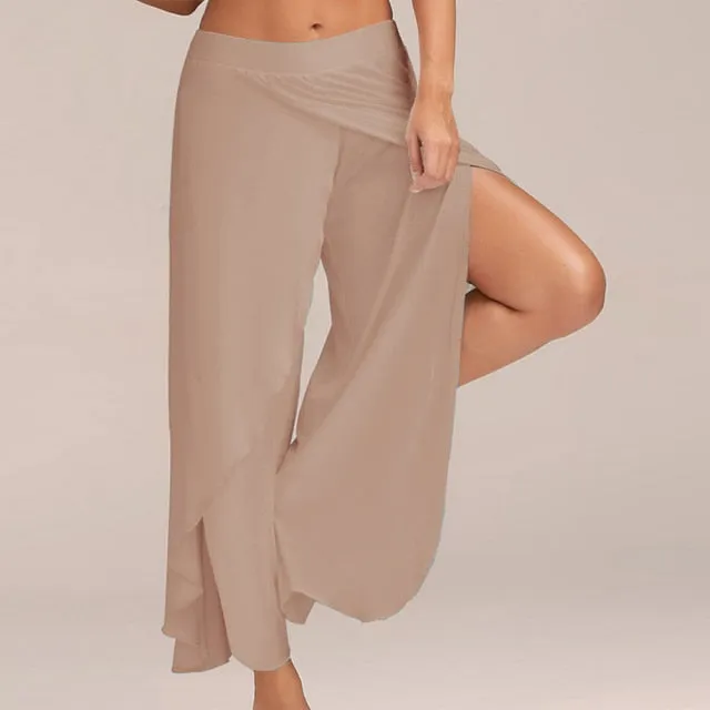 Puimentiua Women Summer Chiffon Irregular Side Pants Women Causal Wide Leg Split Trousers Female Solid Elastic Wasit Loose Pants