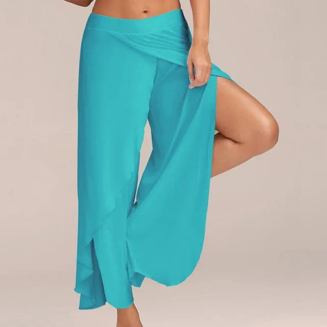 Puimentiua Women Summer Chiffon Irregular Side Pants Women Causal Wide Leg Split Trousers Female Solid Elastic Wasit Loose Pants