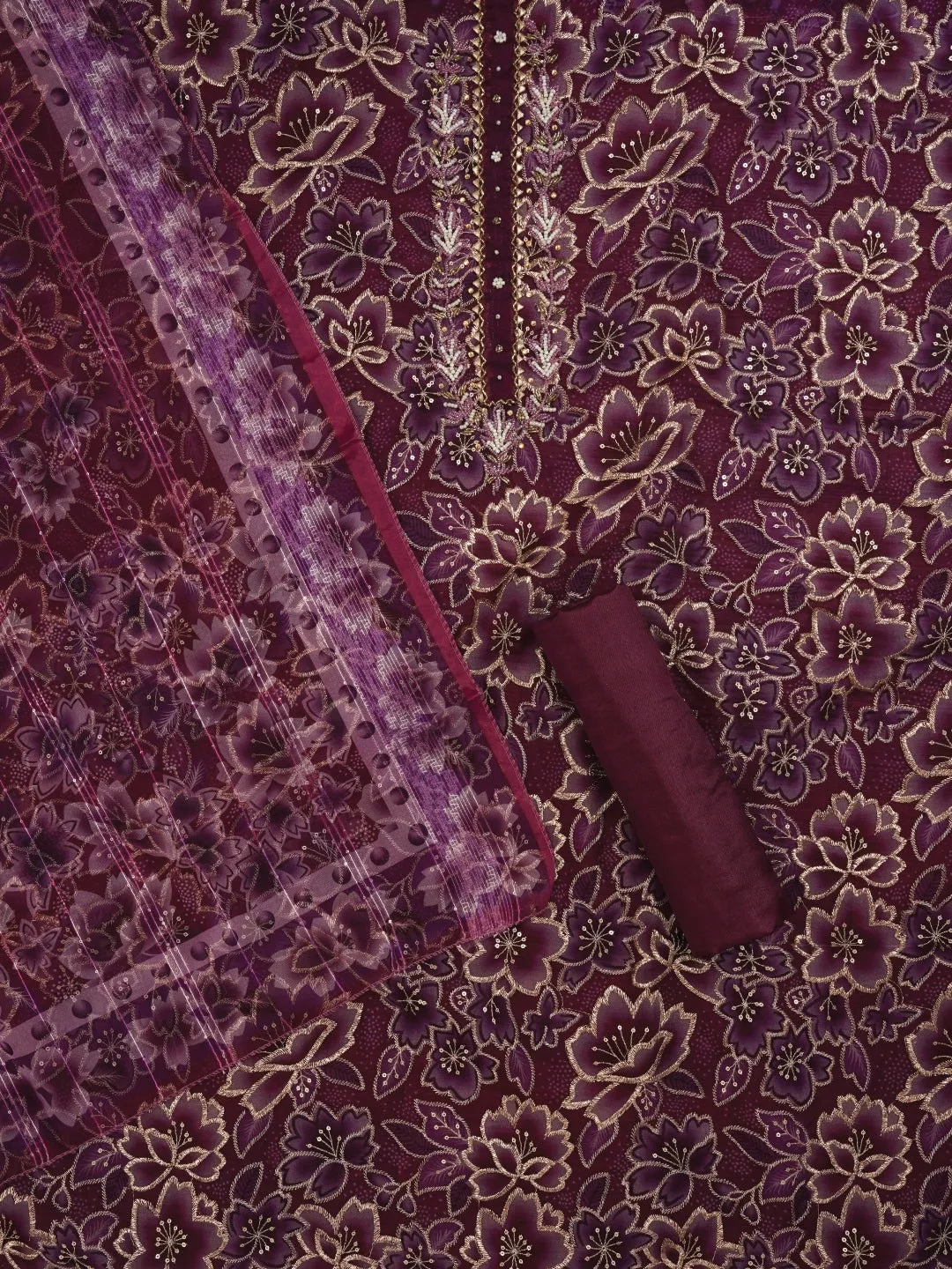 Purple Unstitched Embellished Organza Dress Material With Dupatta