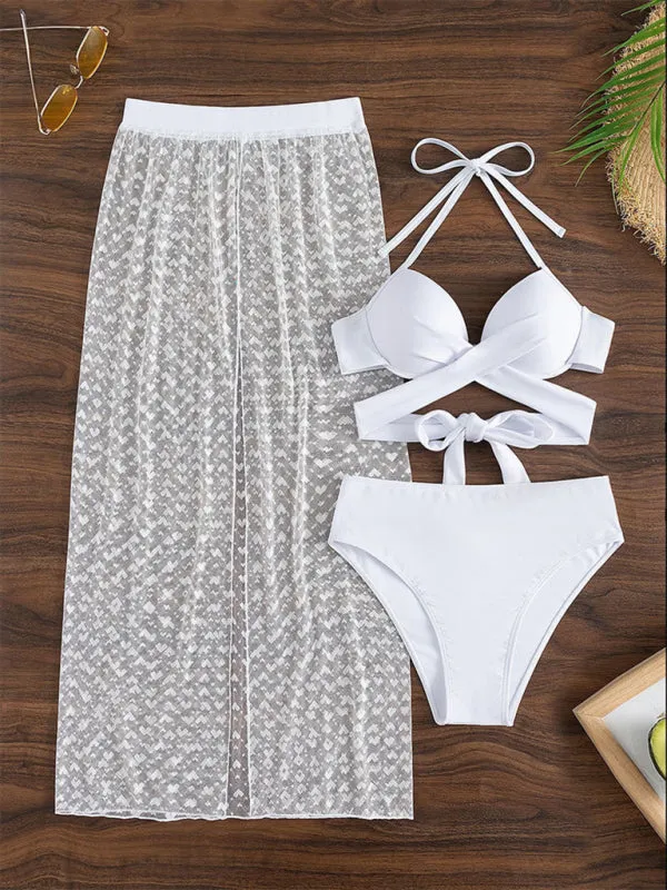 Push-Up Bra Bikini Set with High Waist Bottom & Slit Skirt - 3-Piece Beachwear