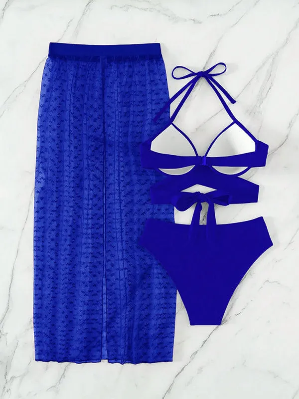 Push-Up Bra Bikini Set with High Waist Bottom & Slit Skirt - 3-Piece Beachwear