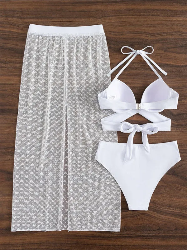 Push-Up Bra Bikini Set with High Waist Bottom & Slit Skirt - 3-Piece Beachwear