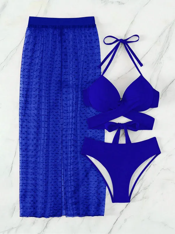 Push-Up Bra Bikini Set with High Waist Bottom & Slit Skirt - 3-Piece Beachwear