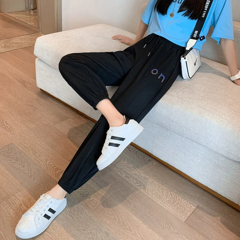 Quick Dry Silk Sport Pants Women Loose Jogger Summer Thin Slim Look High Waist Casual Matching Activewear
