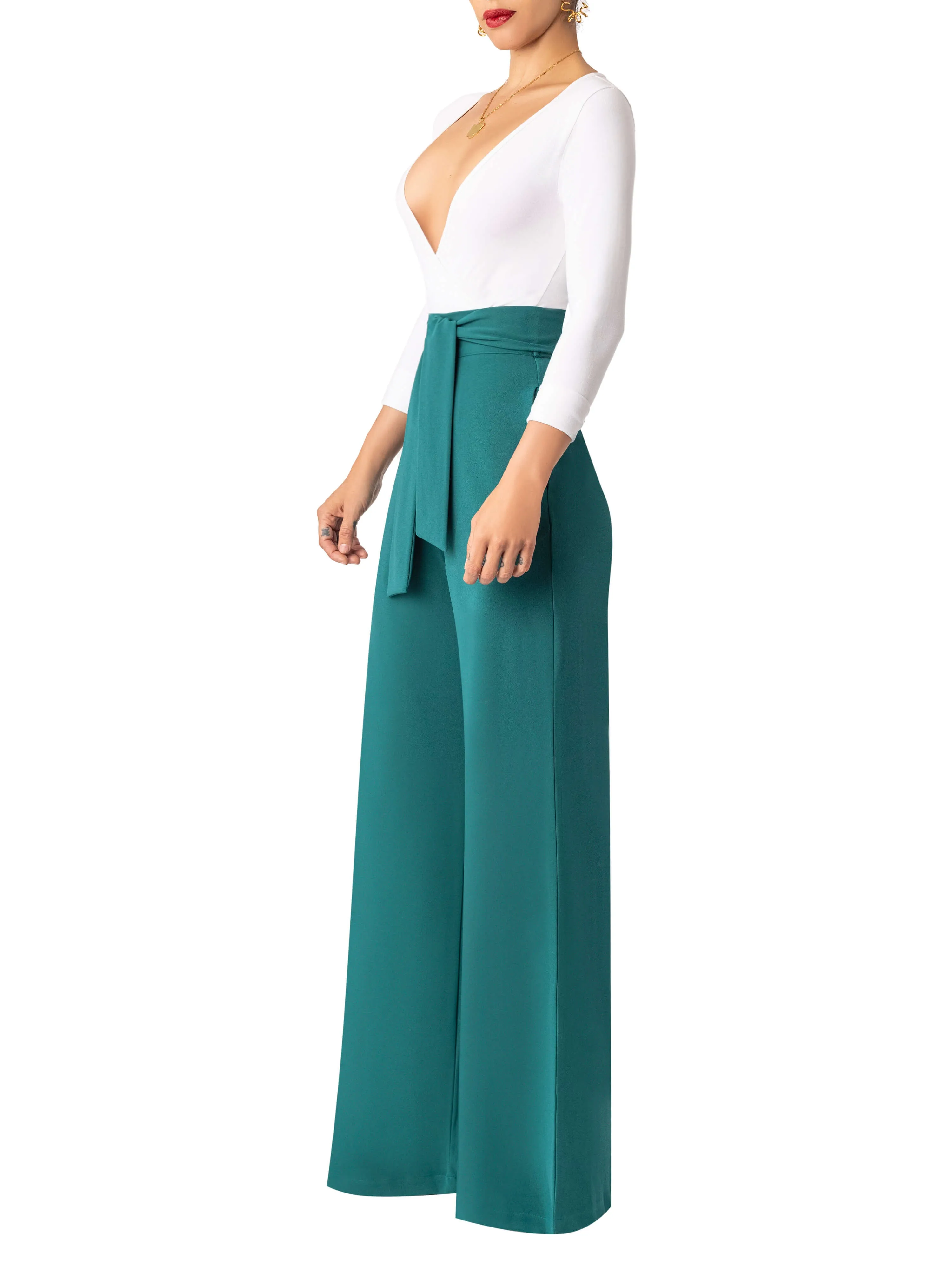 "Belinda" Emerald Belted High Waist Pants