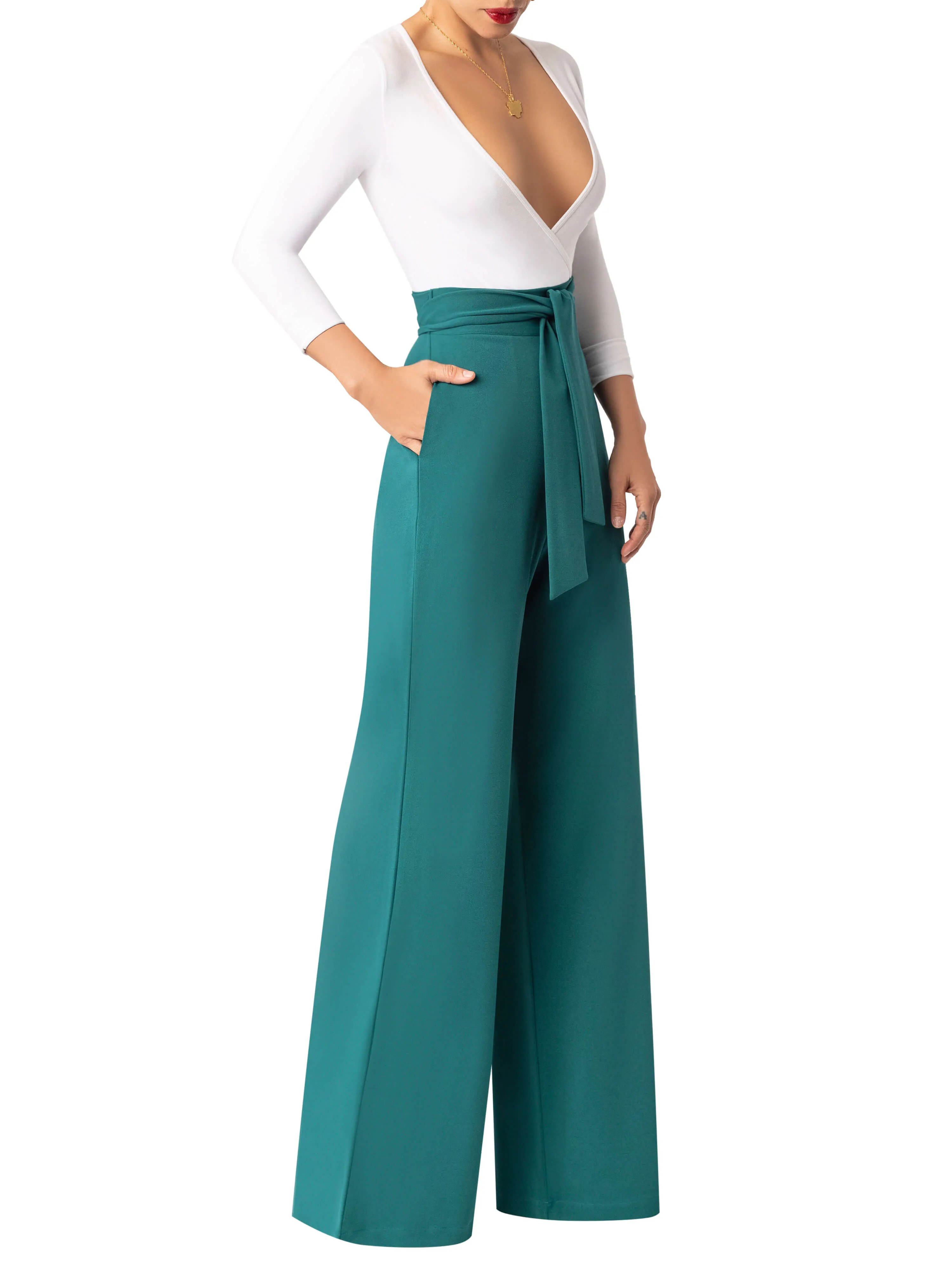 "Belinda" Emerald Belted High Waist Pants