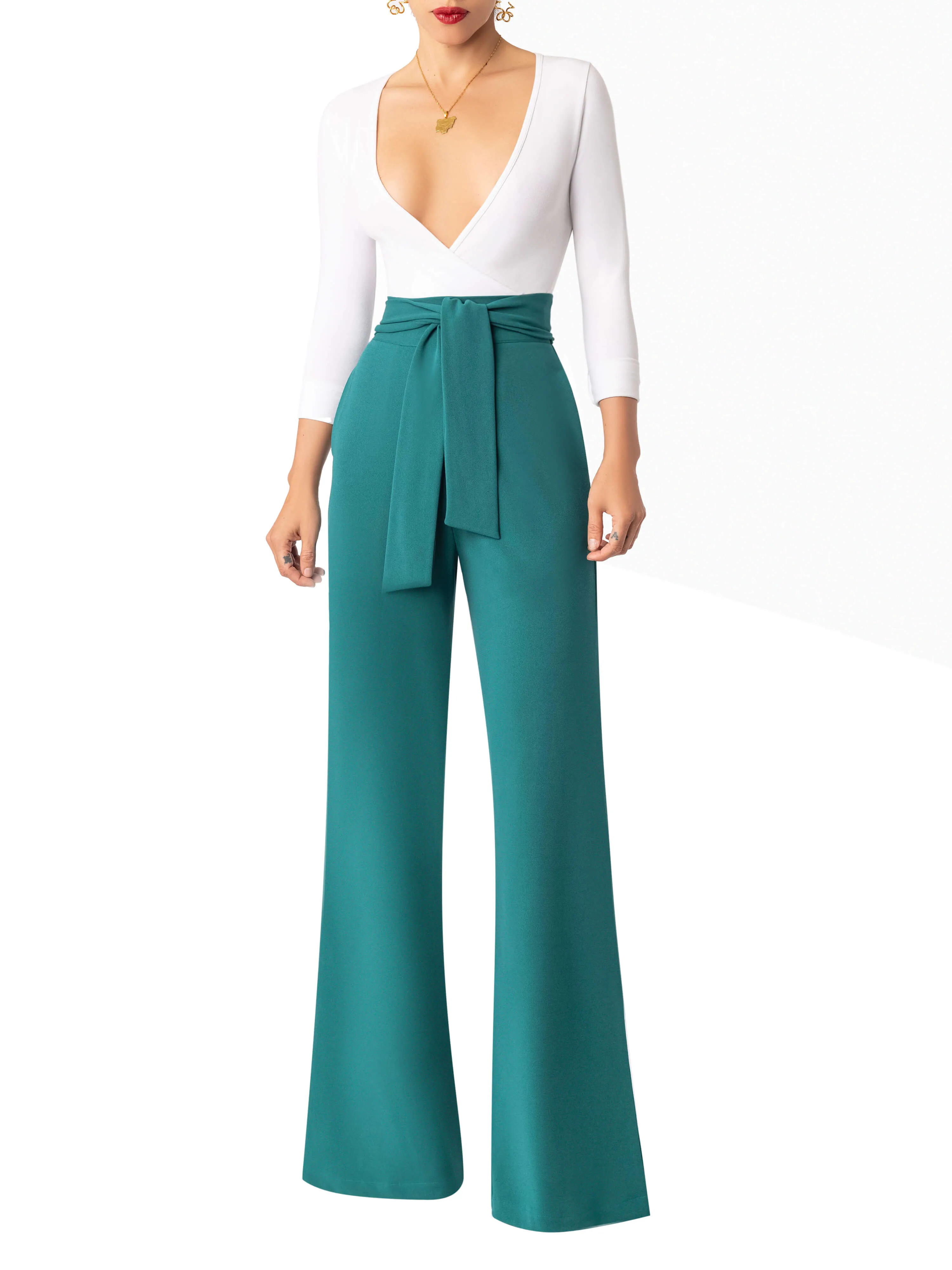 "Belinda" Emerald Belted High Waist Pants