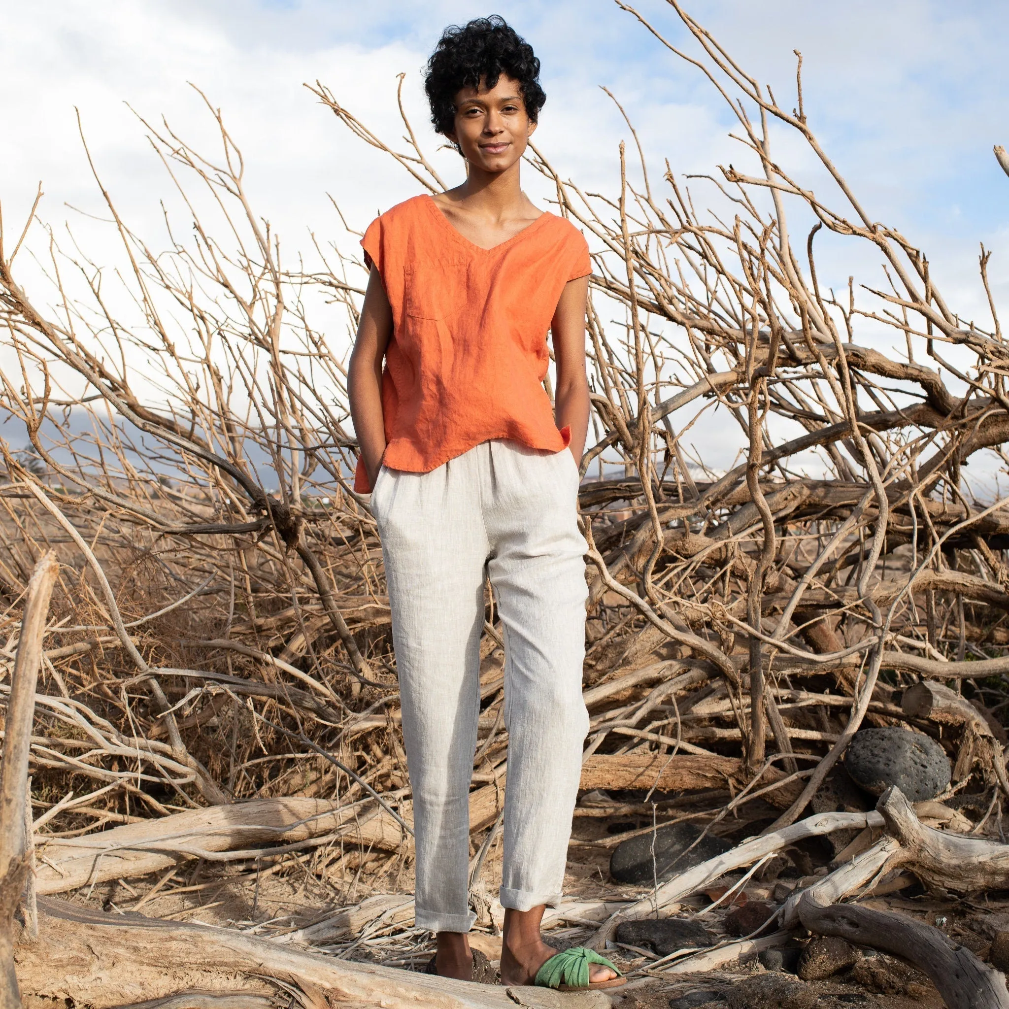 R: ATHENS-2 beige loose linen pants (Size: XS; Color: Amber Yellow)