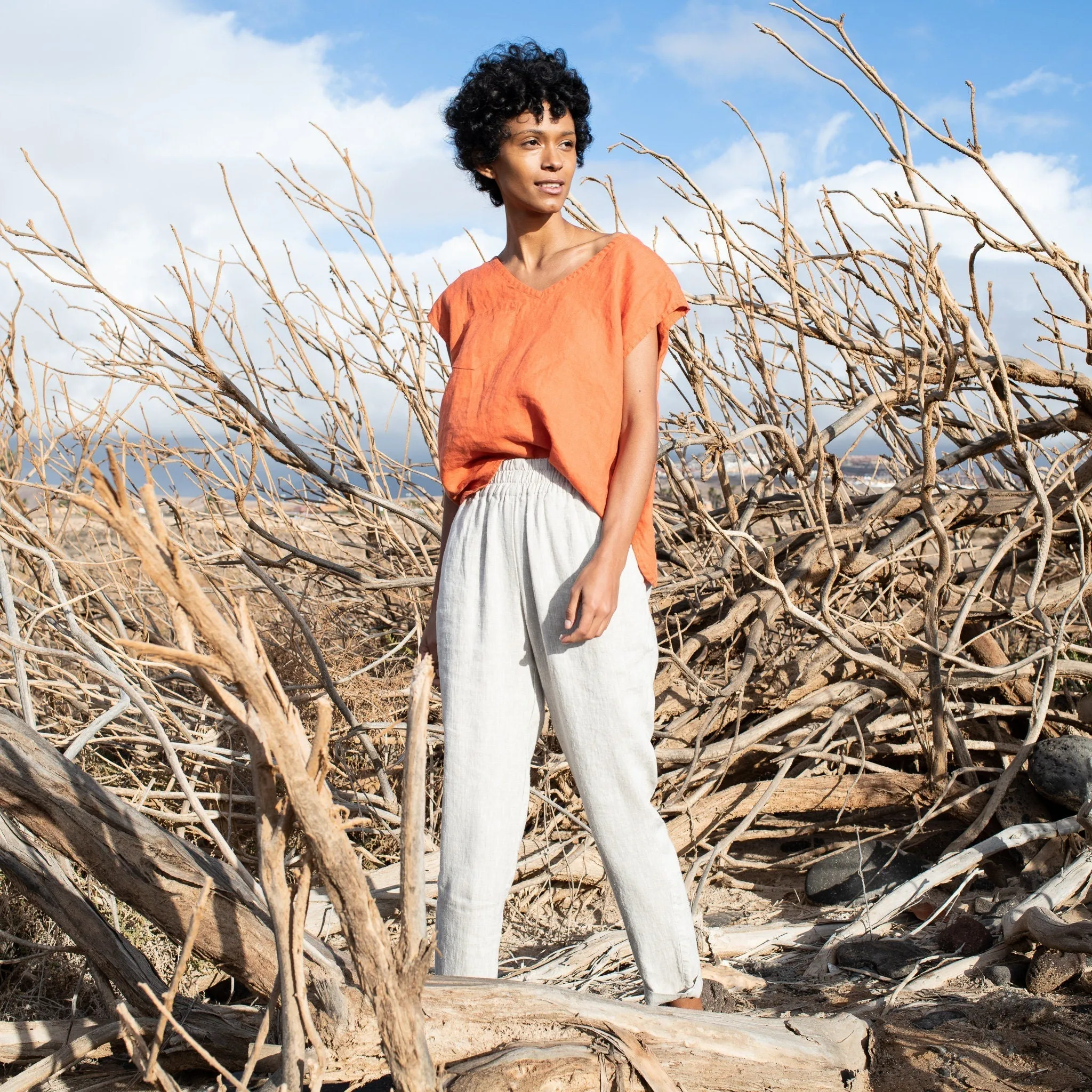 R: ATHENS-2 beige loose linen pants (Size: XS; Color: Amber Yellow)