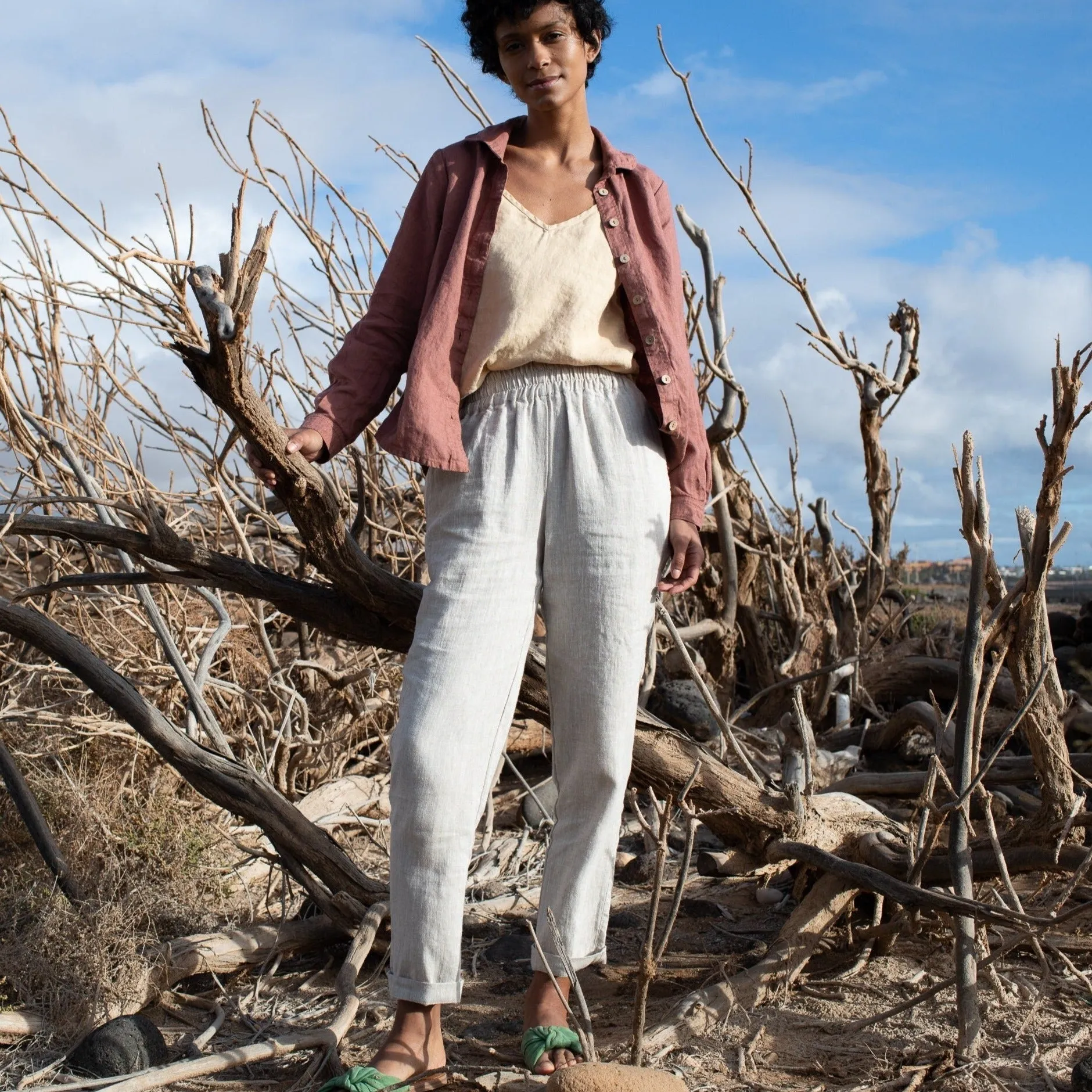 R: ATHENS-2 beige loose linen pants (Size: XS; Color: Amber Yellow)
