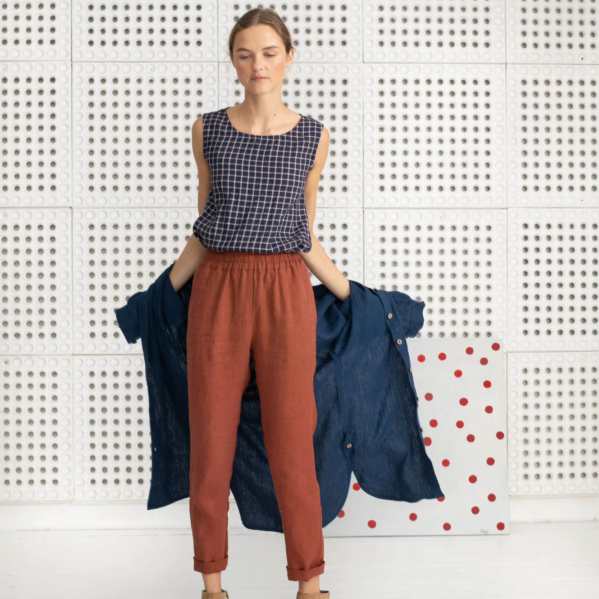 R: ATHENS-2 beige loose linen pants (Size: XS; Color: Heavy Redwood)