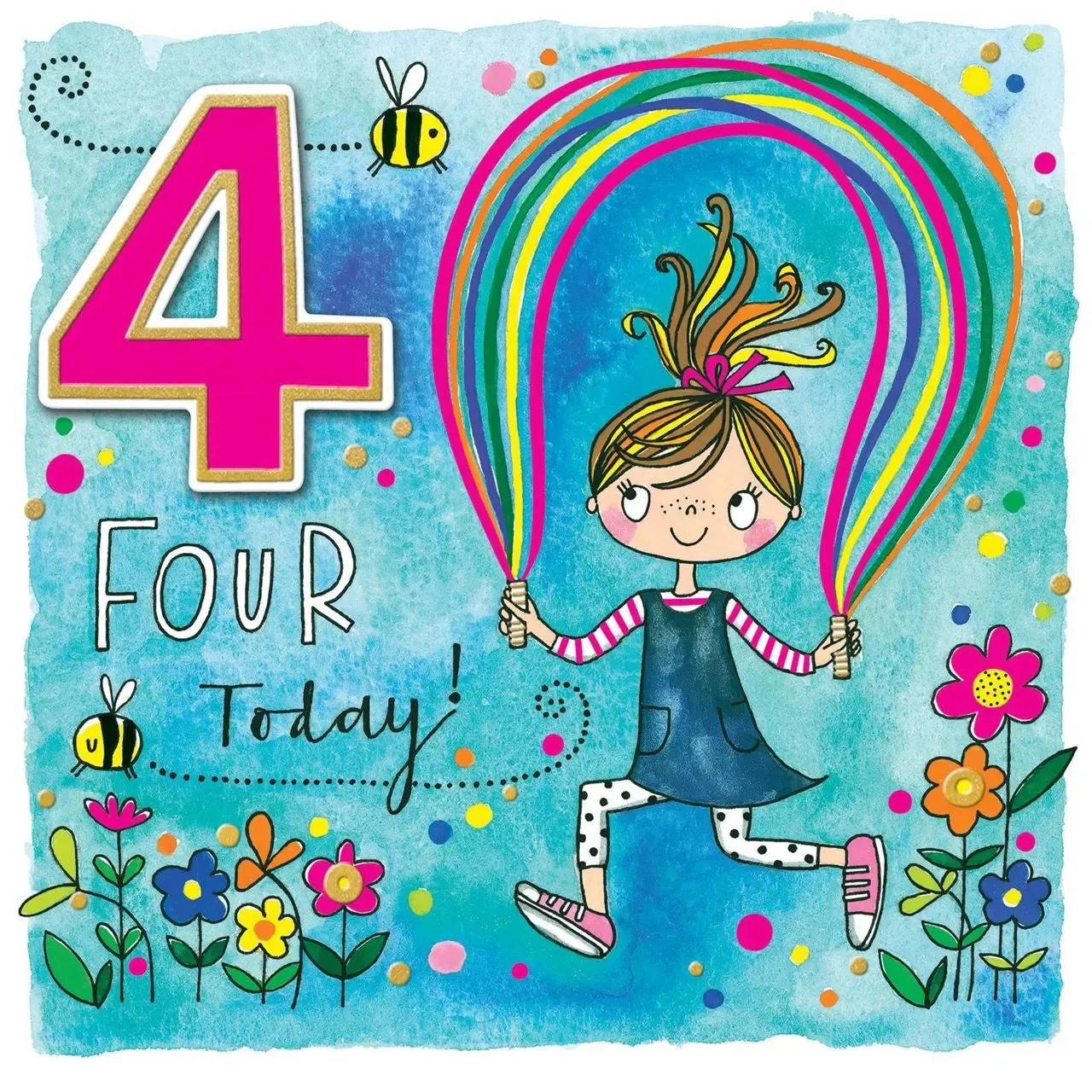 Rachel Ellen 4 Today Girl with Skipping Rope Birthday Card