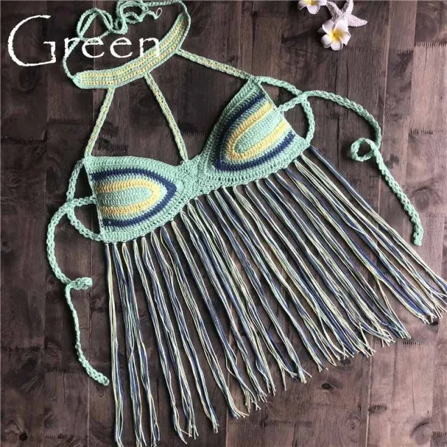 Rhapsody Top Crochet Fringe Bikini Top Black Brown Exotic Beach Halter Built In Choker Choose Black Green Or Blue For Bohemian Babes Available In Small Medium Large Or Extra Large XL