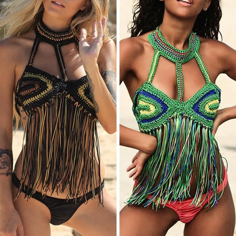Rhapsody Top Crochet Fringe Bikini Top Black Brown Exotic Beach Halter Built In Choker Choose Black Green Or Blue For Bohemian Babes Available In Small Medium Large Or Extra Large XL