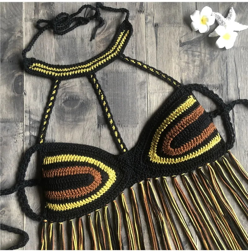 Rhapsody Top Crochet Fringe Bikini Top Black Brown Exotic Beach Halter Built In Choker Choose Black Green Or Blue For Bohemian Babes Available In Small Medium Large Or Extra Large XL