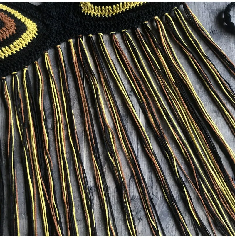 Rhapsody Top Crochet Fringe Bikini Top Black Brown Exotic Beach Halter Built In Choker Choose Black Green Or Blue For Bohemian Babes Available In Small Medium Large Or Extra Large XL