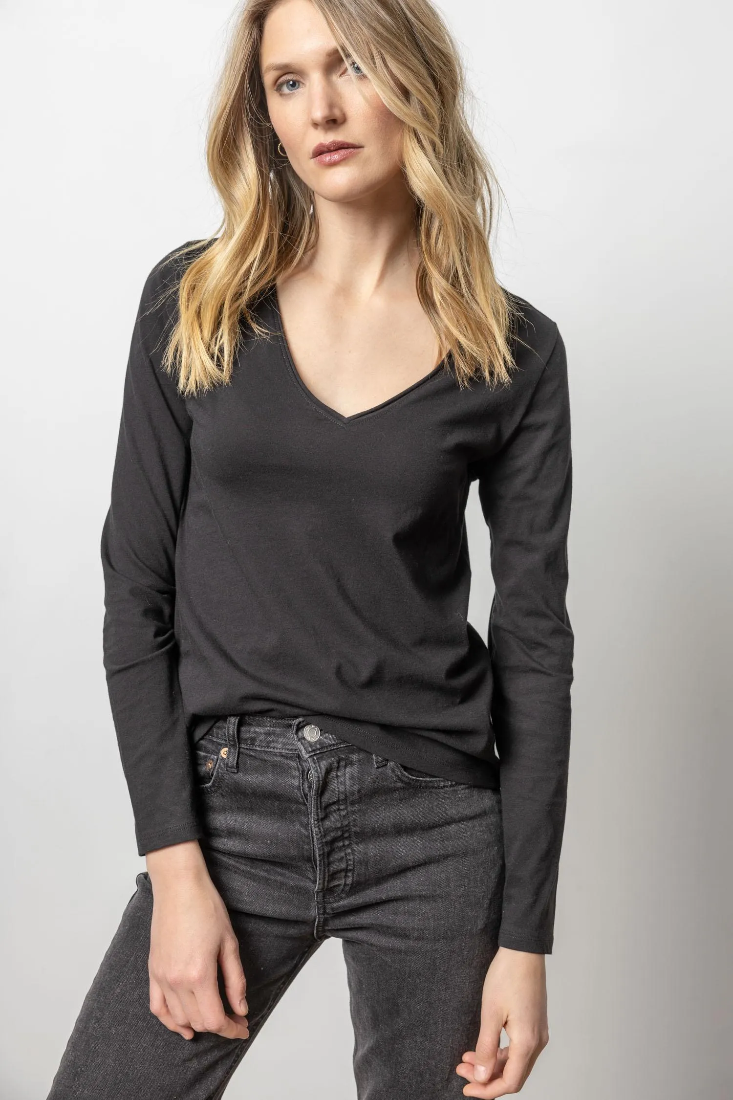 Rolled Edge V Neck Top by Lilla P