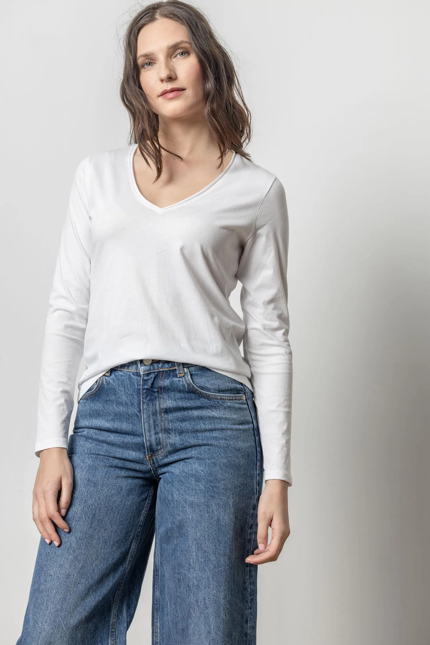 Rolled Edge V Neck Top by Lilla P