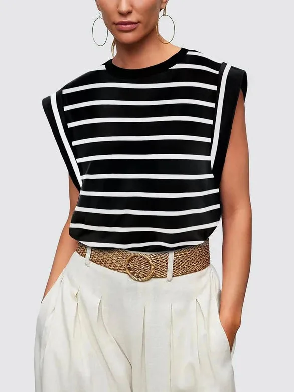 Round Neck Cap Sleeve Cami Base Tank Top Loose Basic Vest stripe-B