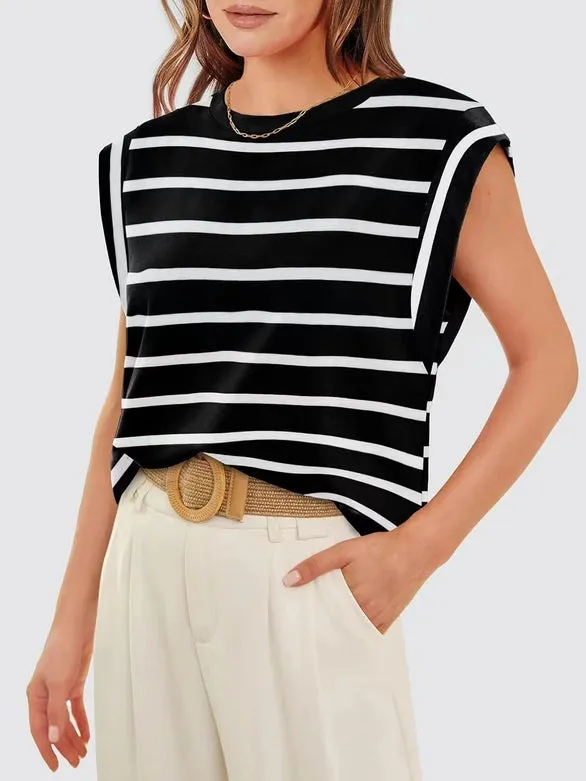 Round Neck Cap Sleeve Cami Base Tank Top Loose Basic Vest stripe-B