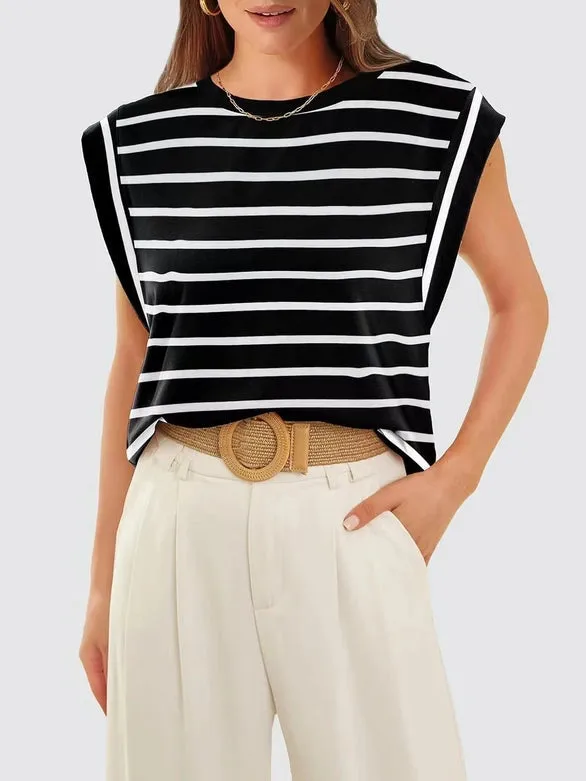 Round Neck Cap Sleeve Cami Base Tank Top Loose Basic Vest stripe-B