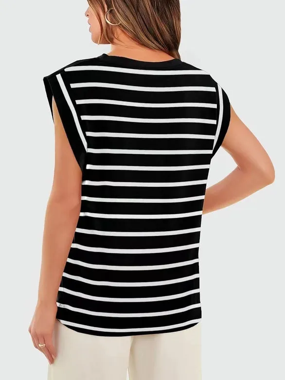 Round Neck Cap Sleeve Cami Base Tank Top Loose Basic Vest stripe-B