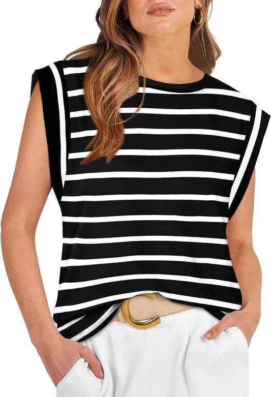 Round Neck Cap Sleeve Cami Base Tank Top Loose Basic Vest stripe-B