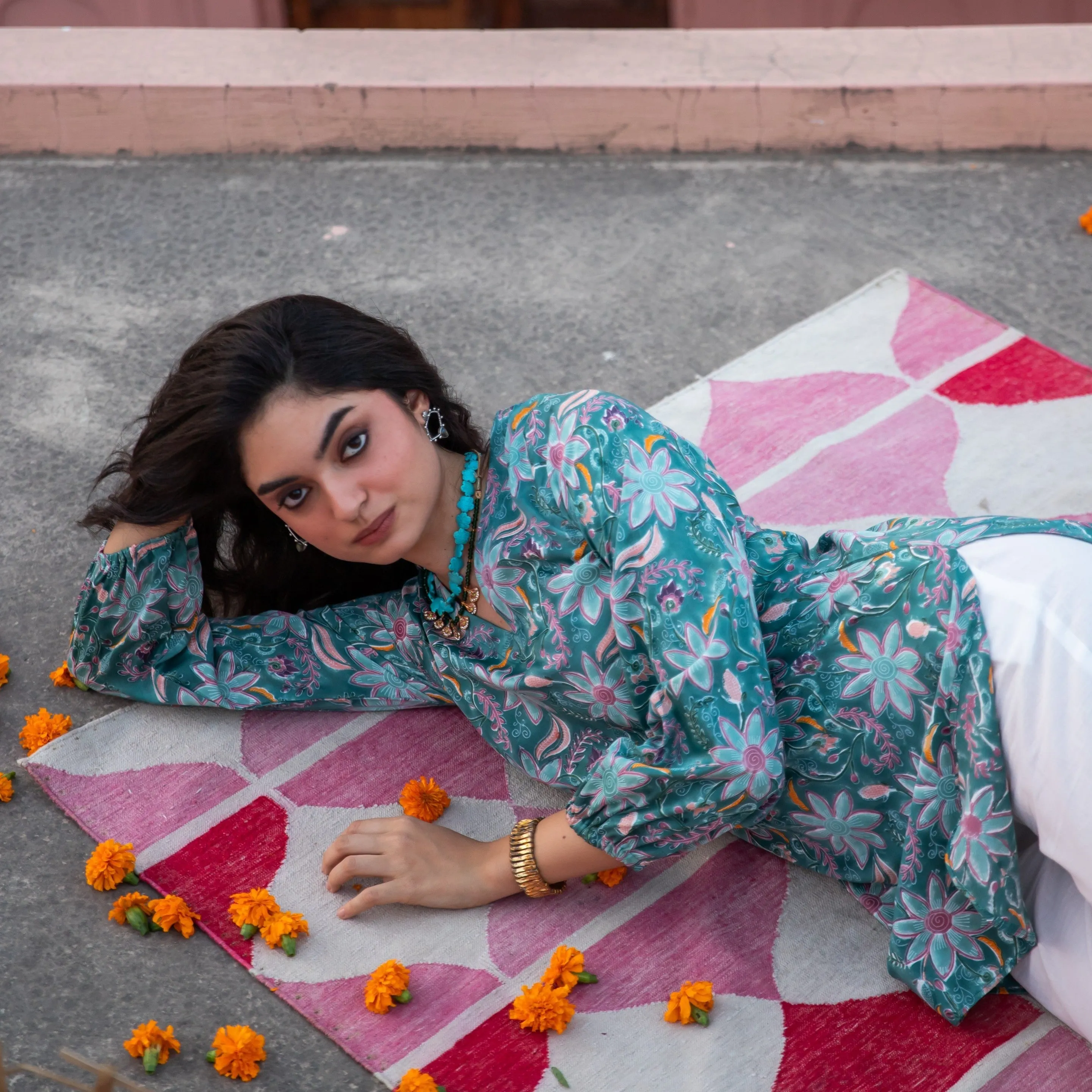 Ruhani Green Paisley Blockprinted Kurti with White Pants