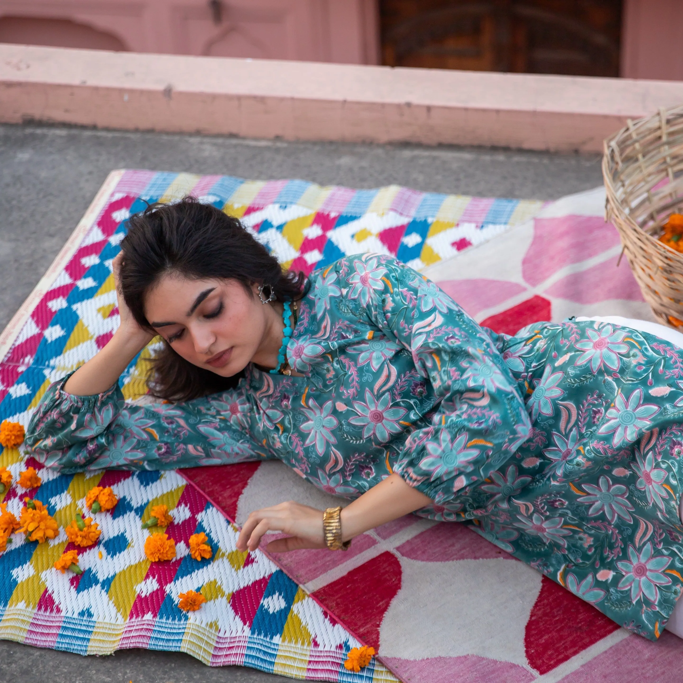 Ruhani Green Paisley Blockprinted Kurti with White Pants