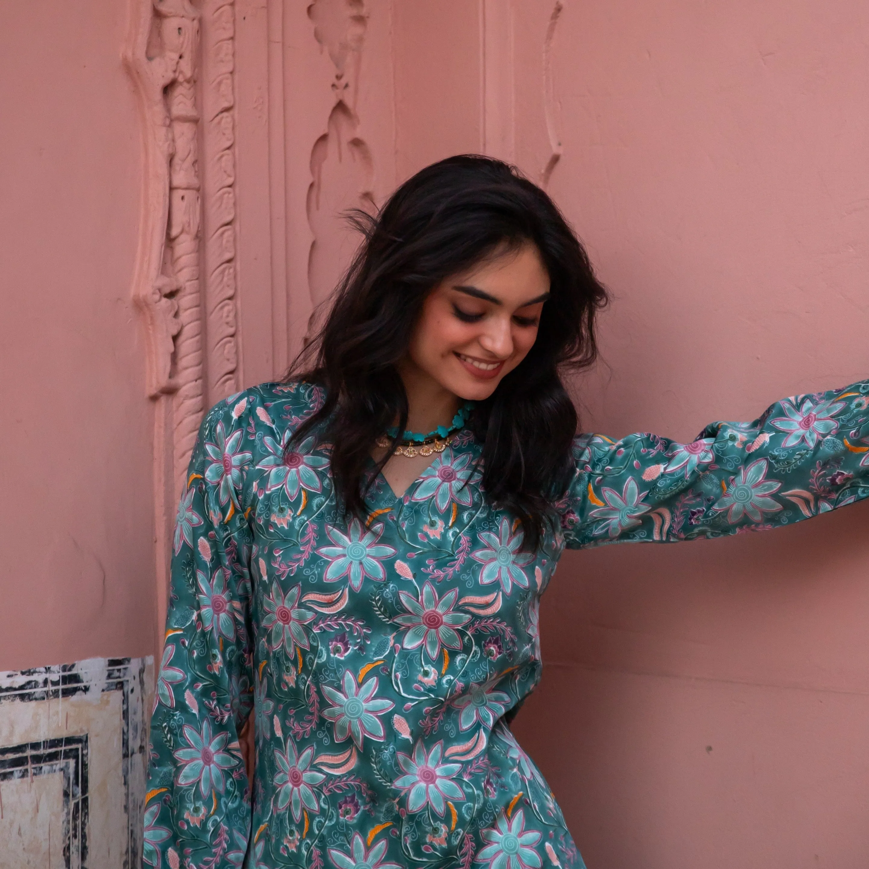 Ruhani Green Paisley Blockprinted Kurti with White Pants