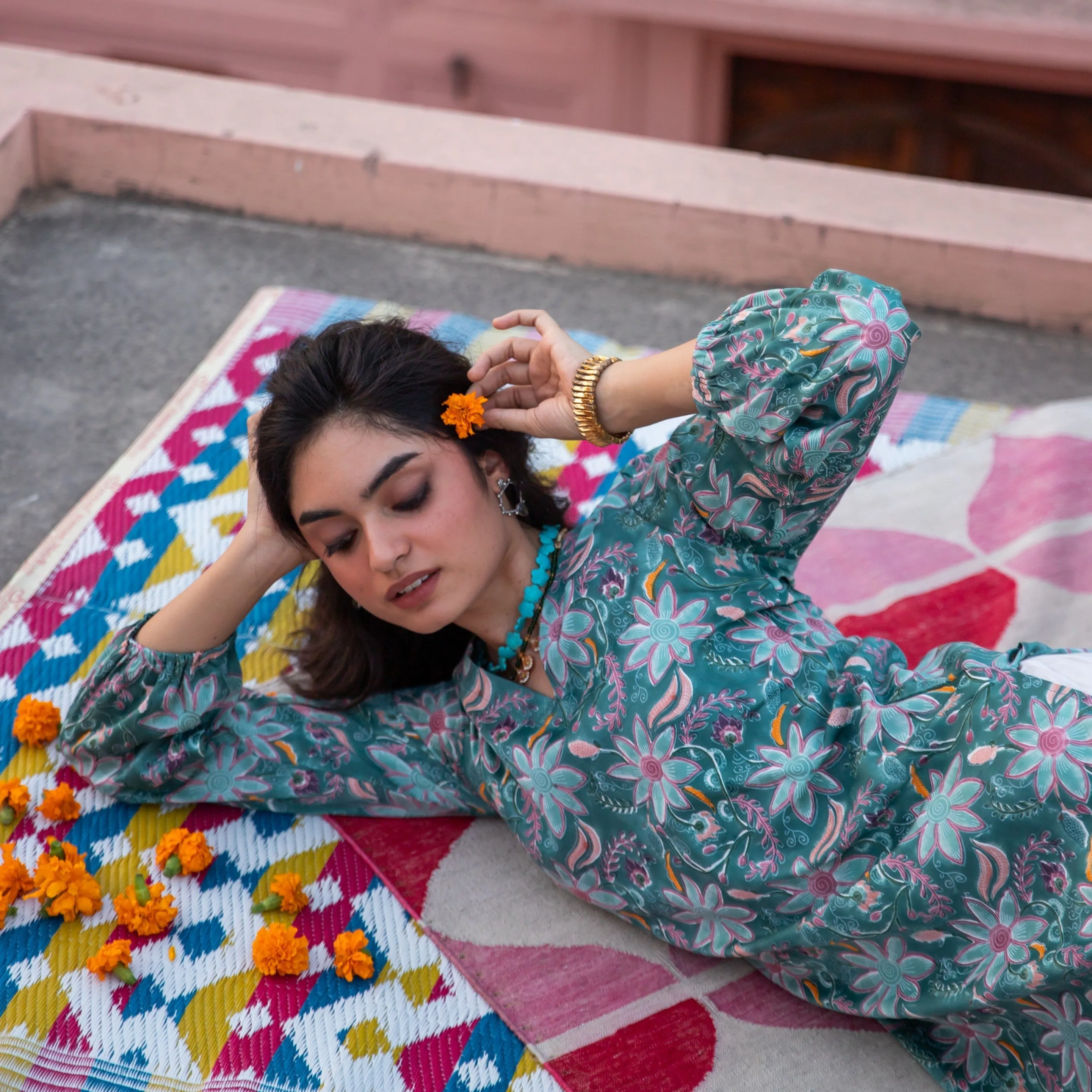 Ruhani Green Paisley Blockprinted Kurti with White Pants