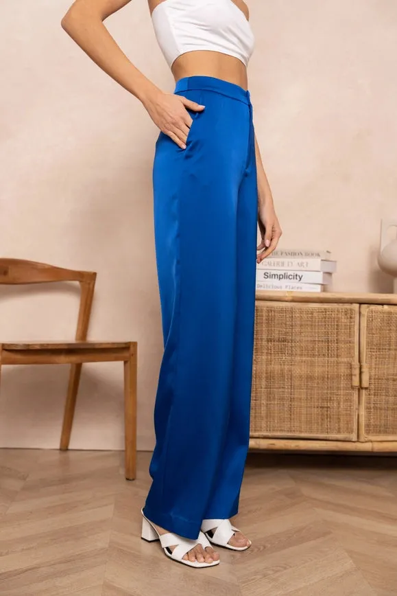 Satin Straight Cut Pants Royal Blue