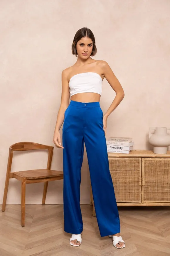 Satin Straight Cut Pants Royal Blue