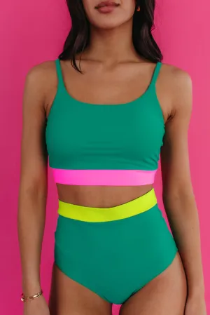 Sea Green Contrast Trim Colorblock Patchwork High Waisted Bikini