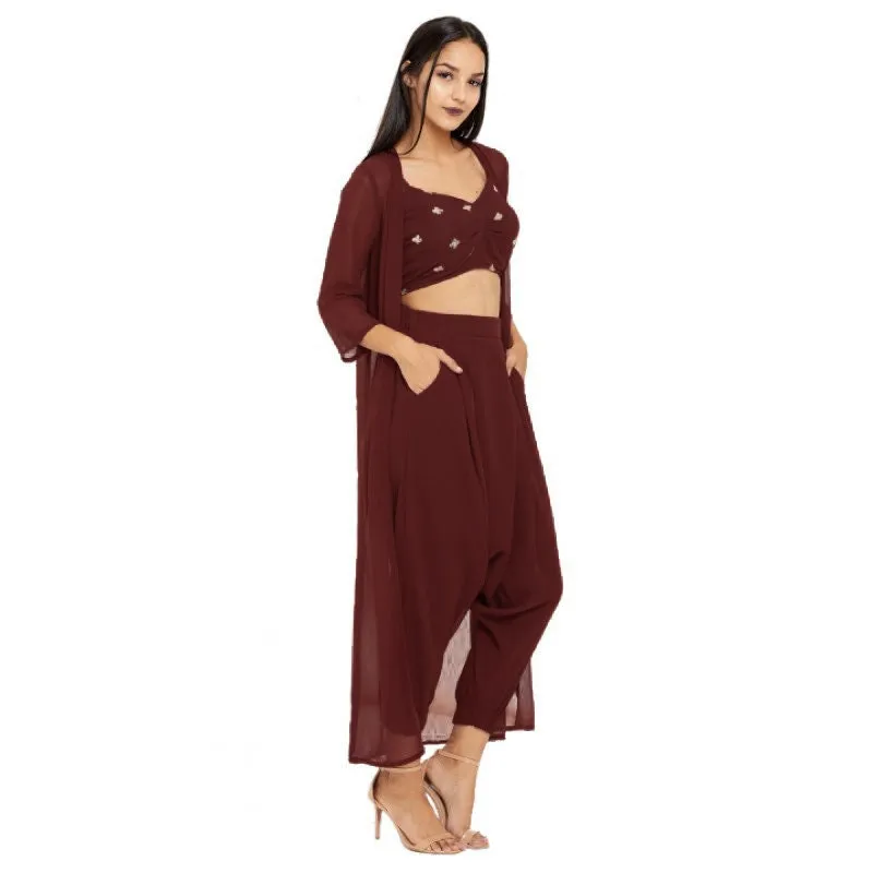 Sequin Crop Top With Dhoti Pants And Long Jacket Indowestern Set