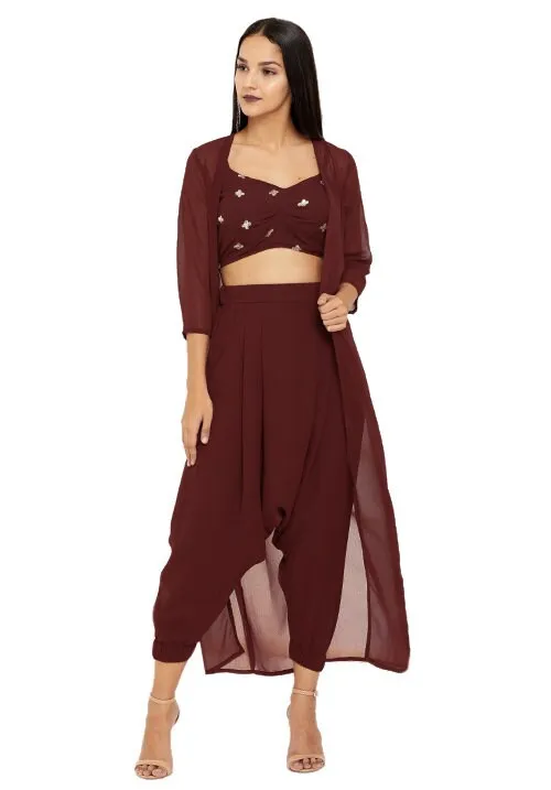 Sequin Crop Top With Dhoti Pants And Long Jacket Indowestern Set