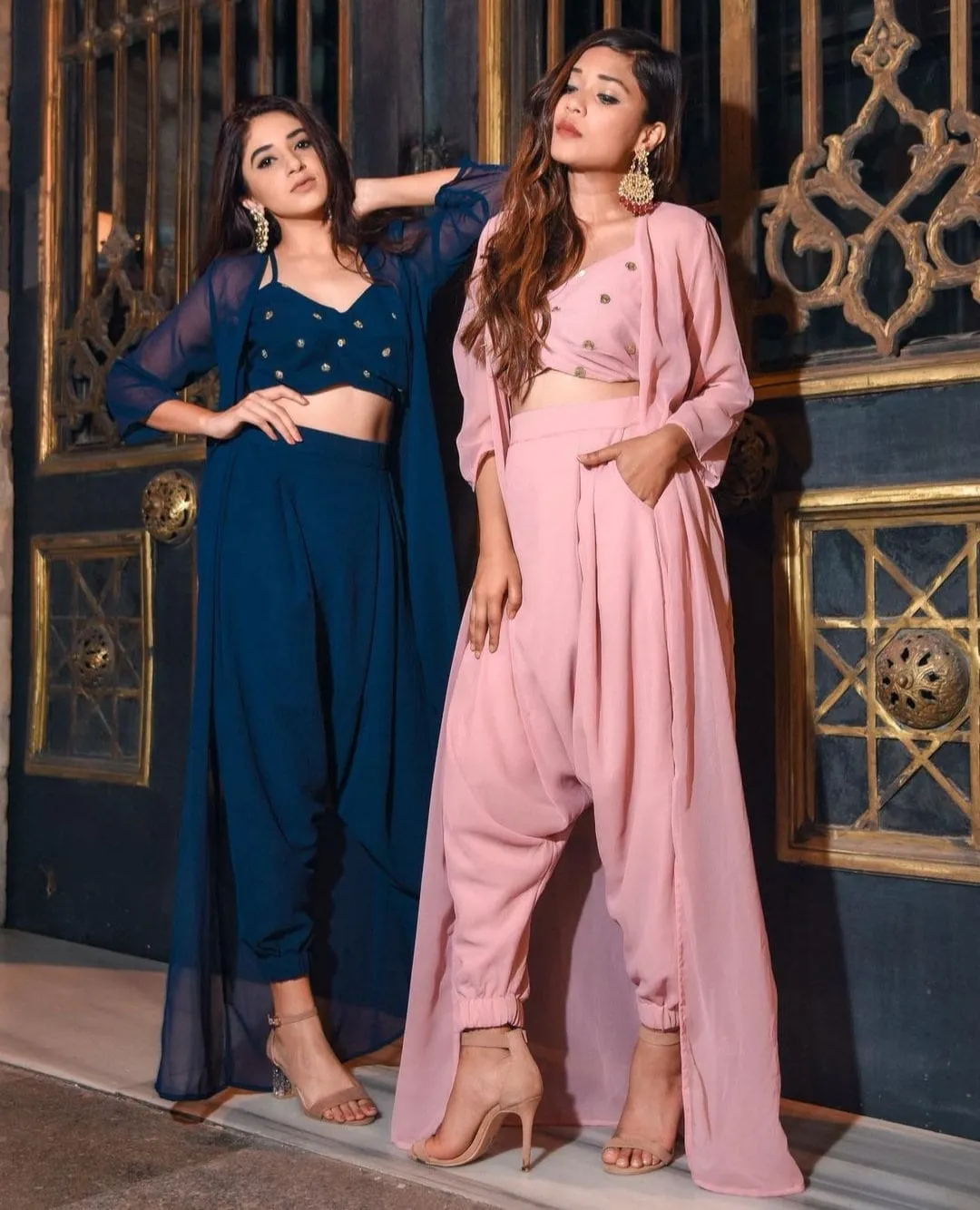 Sequin Crop Top With Dhoti Pants And Long Jacket Indowestern Set