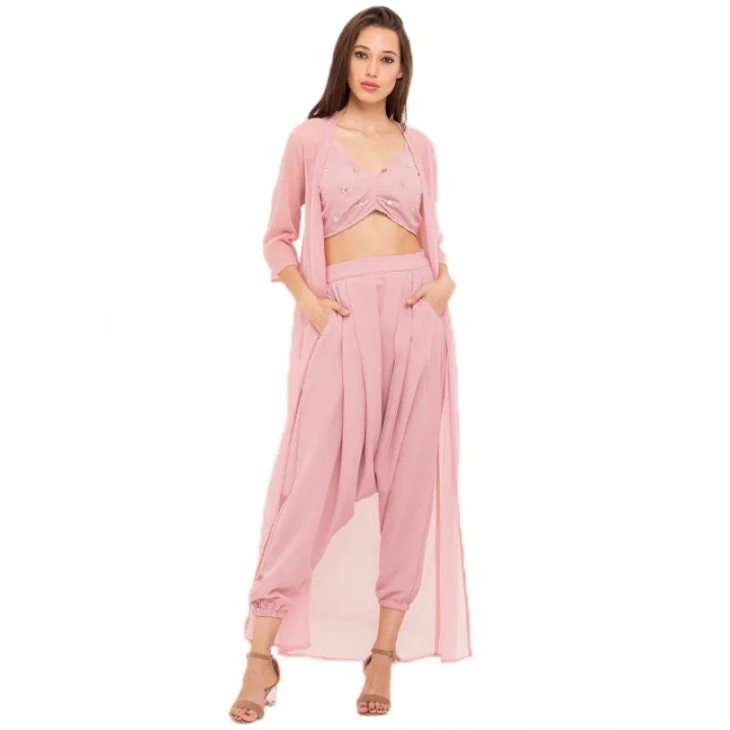 Sequin Crop Top With Dhoti Pants And Long Jacket Indowestern Set