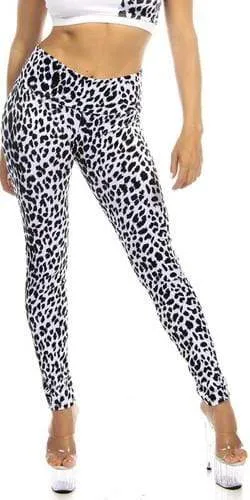 Sexy High Waist Cuff Roll Down Stretch Work Out Athletic Leggings - Snow Leopard