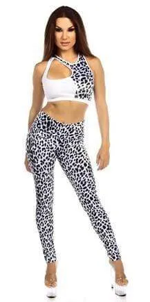 Sexy High Waist Cuff Roll Down Stretch Work Out Athletic Leggings - Snow Leopard