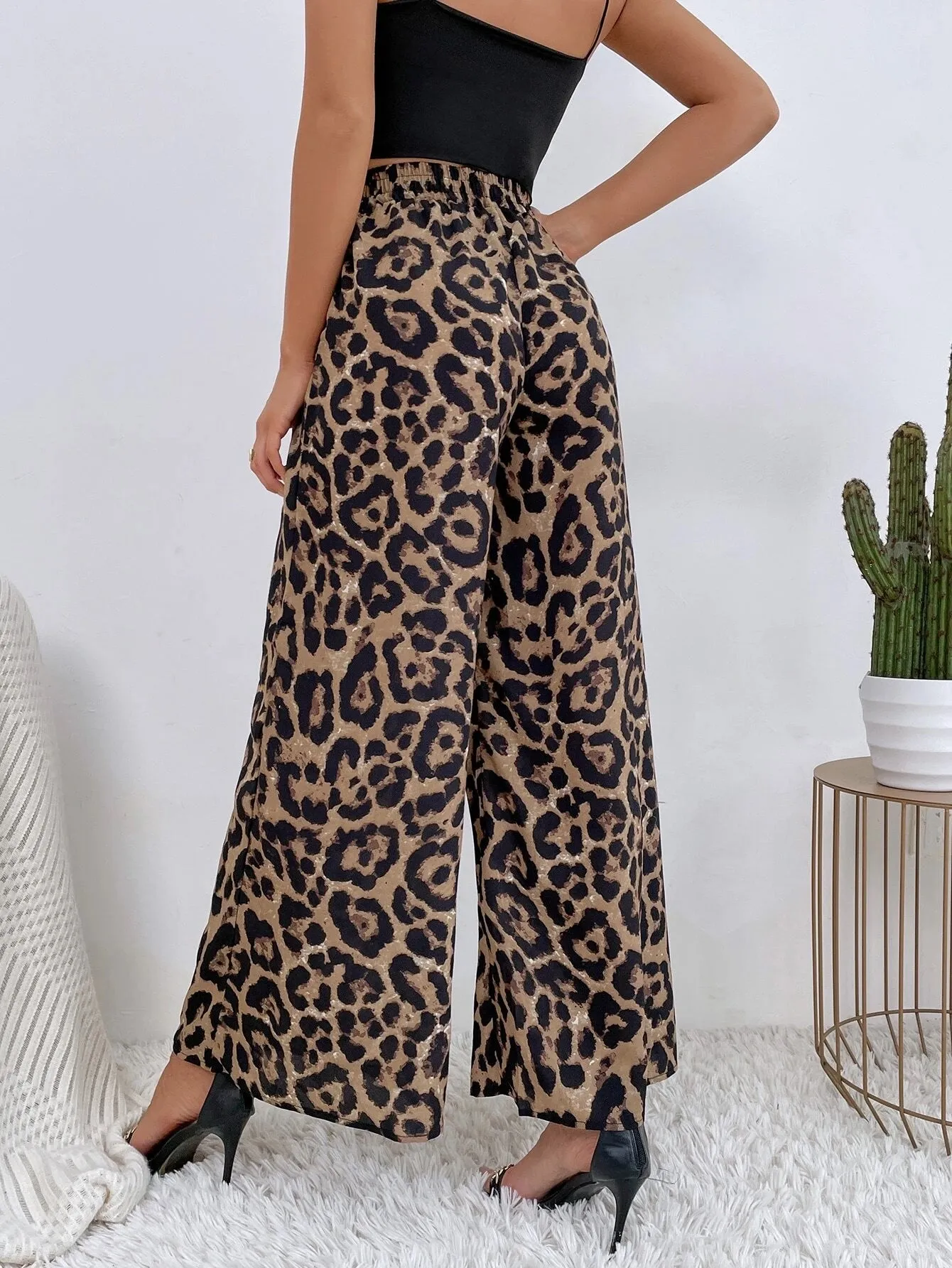 SHEIN VCAY Leopard Print Wide Leg Pants