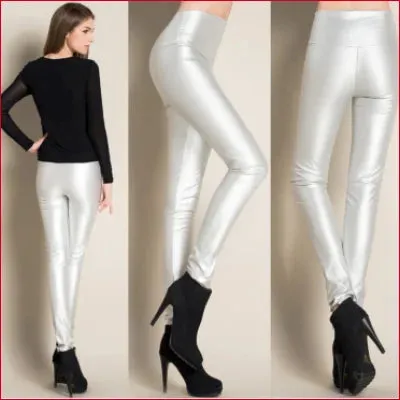 Silver High Waist Leather Leggings - Statement Piece for Your Wardrobe