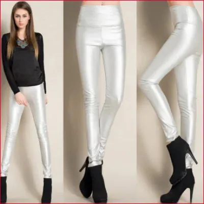 Silver High Waist Leather Leggings - Statement Piece for Your Wardrobe