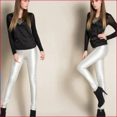 Silver High Waist Leather Leggings - Statement Piece for Your Wardrobe