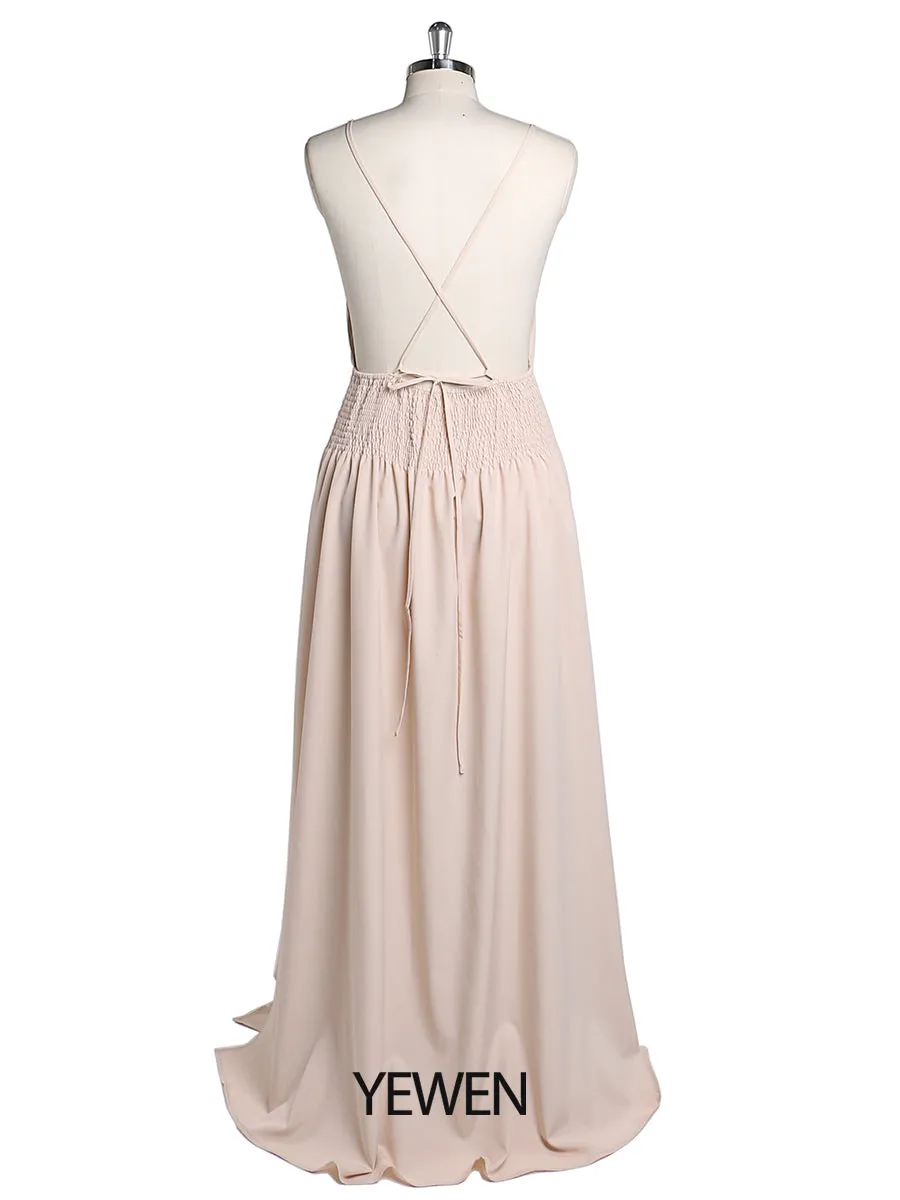 Simple V Neck Stretchy Waist Slip Dress YEWEN