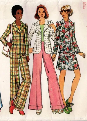 Simplicity 5571 Womens Wide Lapel Jacket Mini Skirt & Bell Bottom Pants 1970s Vintage Sewing Pattern Size 8 Bust 31.5 Inches UNCUT Factory Folded