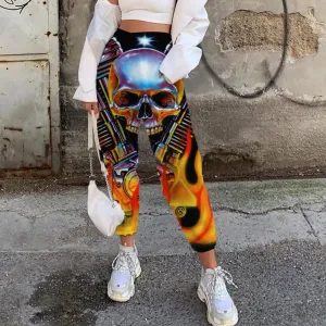Skull Pants Women Punk High Waist Pants Flame Casual Pant Motorcycle Jogger Pants