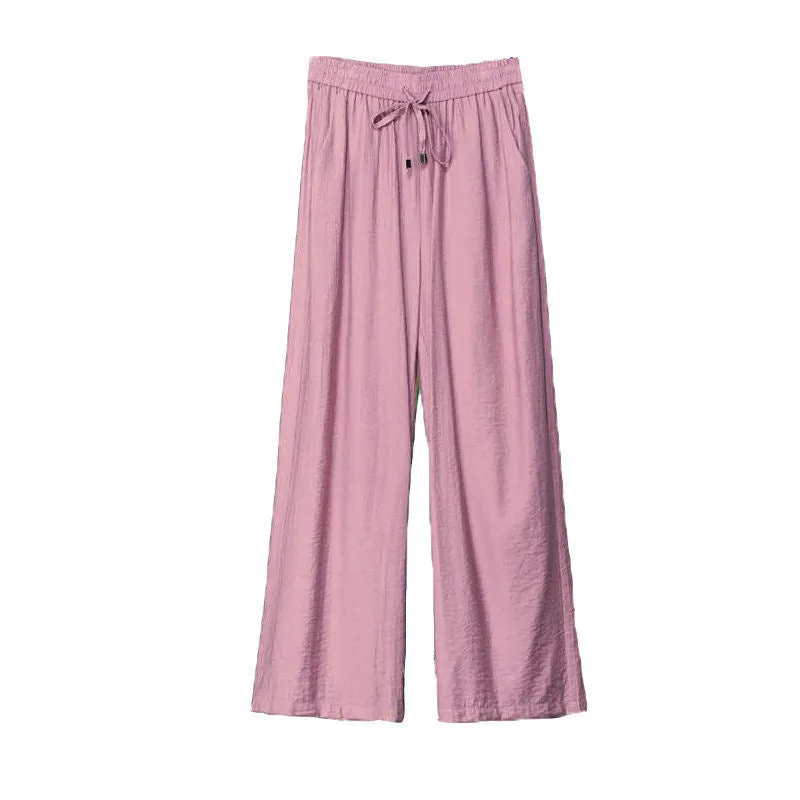 Slim Look Long Pants Loose Elegant High Waist Ice Silk Drape Straight Floor Length Wide Leg Women Pants