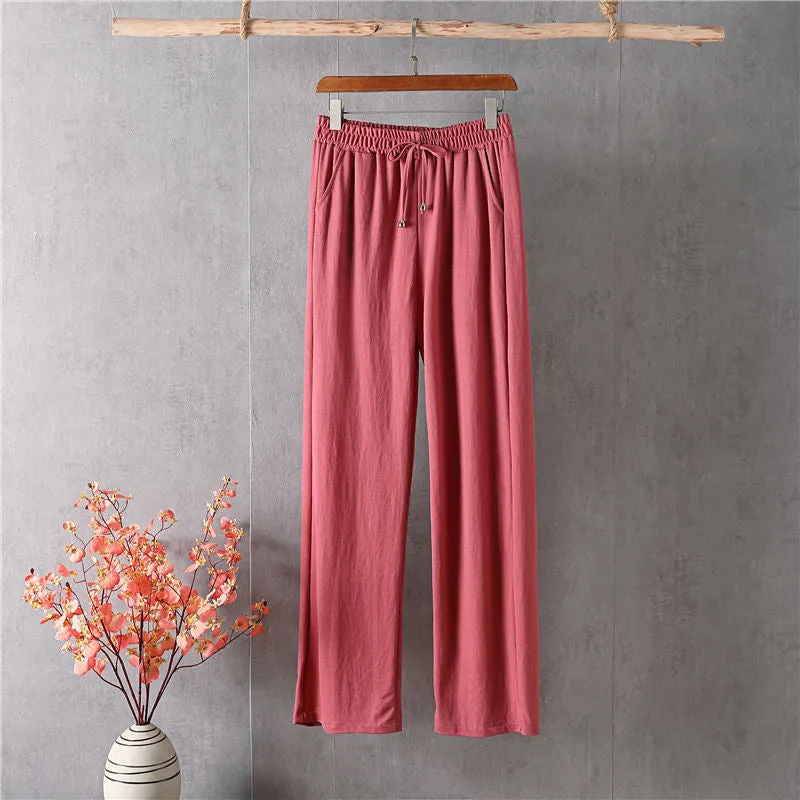 Slim Look Long Pants Loose Elegant High Waist Ice Silk Drape Straight Floor Length Wide Leg Women Pants